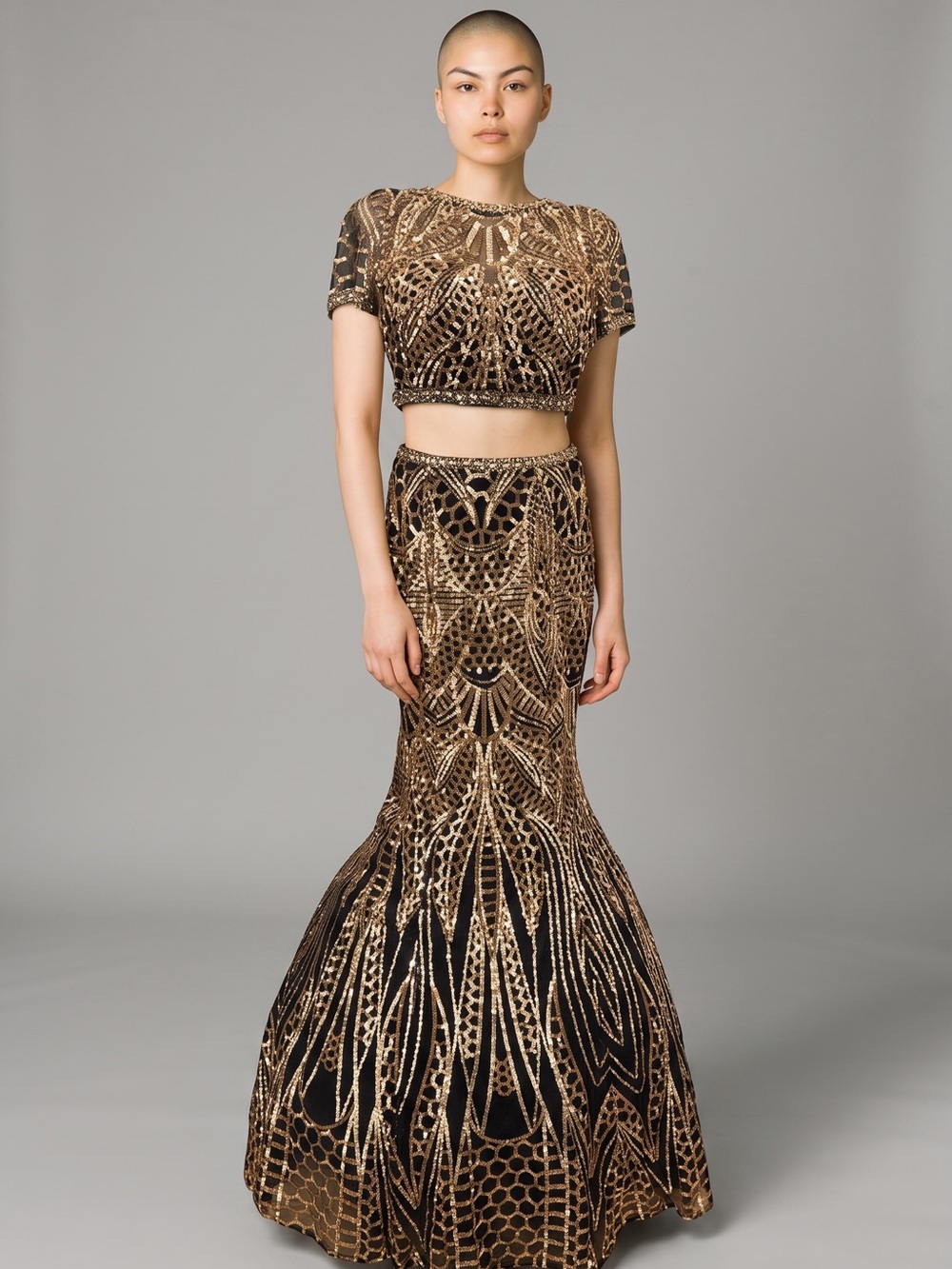615. Jasz Couture Sequin Embellished Two-Piece Black and Gold Mermaid 2 Piece